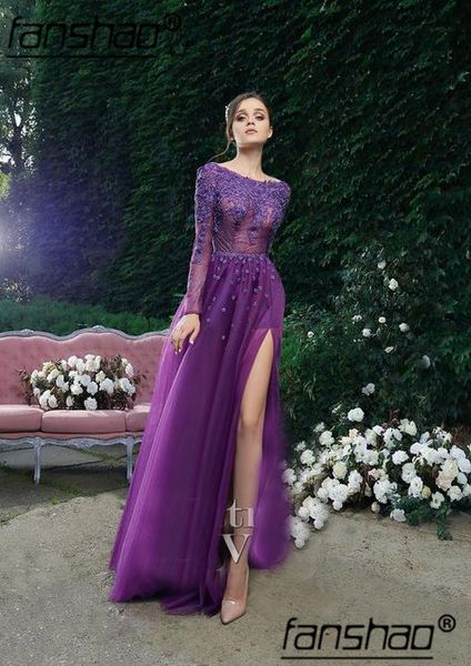 

purple muslim evening dresses long sleeves lace illusion slit dubai saudi arabic evening gown prom dress, White;black