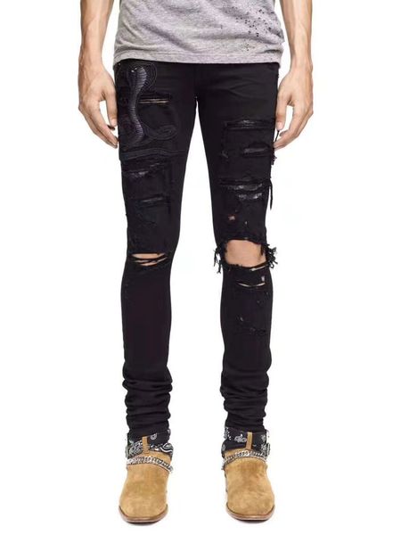 

american street style fashion men jeans slim fit snake embroidery punk ripped jeans men brand designer streetwear hip hop, Blue