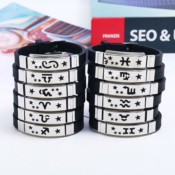 

new arrival stainless steel punk 12 constellations bangle for men fashion silicone zodiac bracelets jewelry ing, Golden;silver