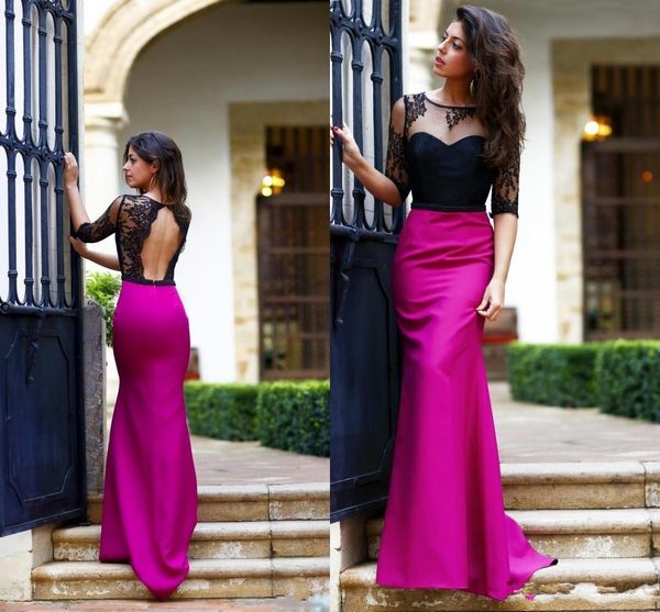 

2019 sexy длинные вечерние платья колонка backless половина рукава кружева и атласные развертки поезд платья вечера износа партии мантий вып, Black;red