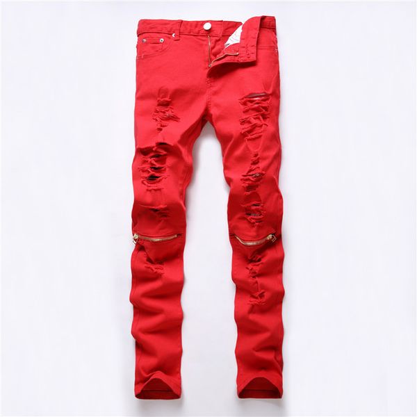 

red white black ripped denim pant knee hole zipper biker jeans men slim skinny destroyed torn jean pants fear of god jeans, Blue