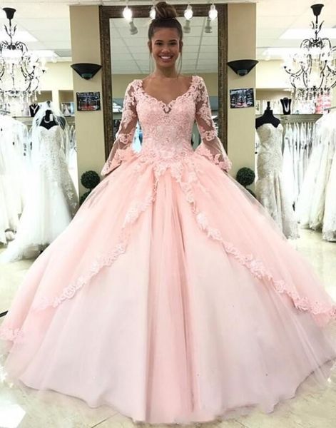 

new luxury pink quinceanera dresses ball gown sweetheart lace appliques tulle illusion long sleeves sweet 16 floor length pageant prom gowns, Blue;red
