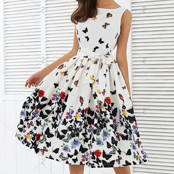 

women dress woman clothes new women fashion butterfly floral empire vintage pleat swing dresses summer sleeveless zipper sashes dress, Black;gray