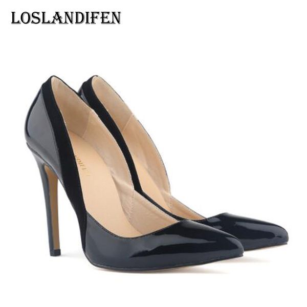

loslandifen women pointed toe japenned leather party high heel shoes plus size 35-42 ladies solid color office pumps, Black;white