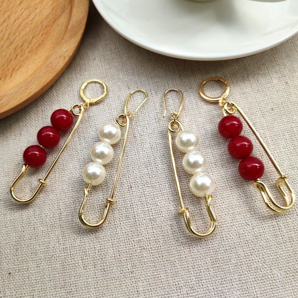 

flatfoosie 2019 boho resin red beads safety pin earrings for women brand design wedding simulated pealr drop earrings jewelry, Silver
