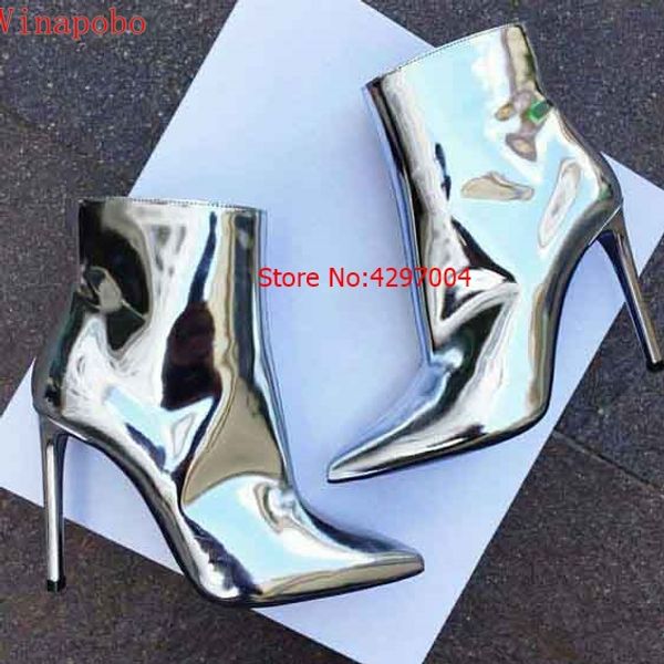

silver gold patent leather ankle boots 10.5cm high heels boots women winter shoes female pointed toe woman spring autumn, Black