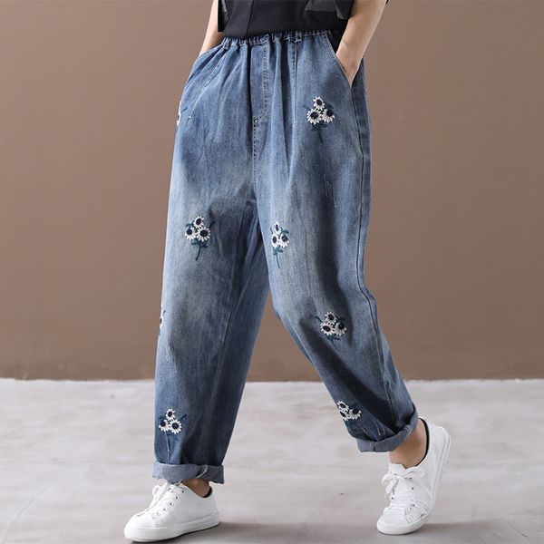 

2019 new autumn jeans women large size loose denim pants fashion elastic waist female embroidery pocket casual denim trousers, Blue