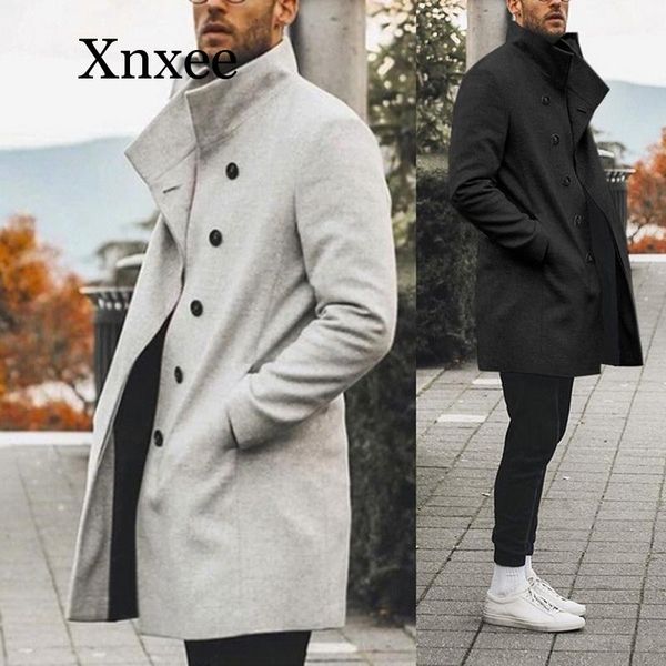 

men's wool & blends coats men winter classic slim autumn trench male casual pockets solid long windbreaker vintage, Black