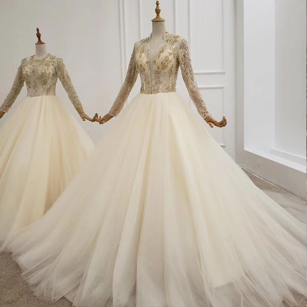 

2020 saudi arabic ball gown wedding dresses long tulle sleeve v-neck lace sequined sparkly wedding dress robe de soiree longue mariage, White