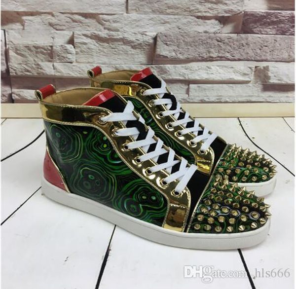 

с коробкой] luxury design бренды пара кроссовки red bottom spiked flats, fashin любители обуви зеленый граффити лакированной кожи с золотым, Black