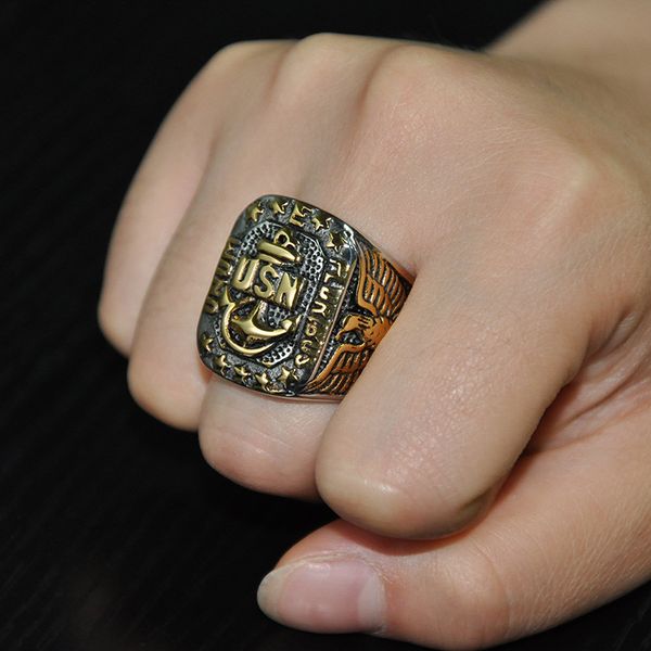 

vintage us four color crystal stone punk ring men jewelry gold color anchor soldier men's ring 32g, Slivery;golden