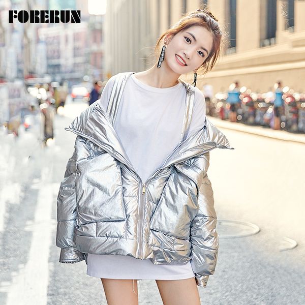 

forerun winter bubble jacket women oversized glossy silver standard collar coat cotton padded parkas manteau femme hiver, Black