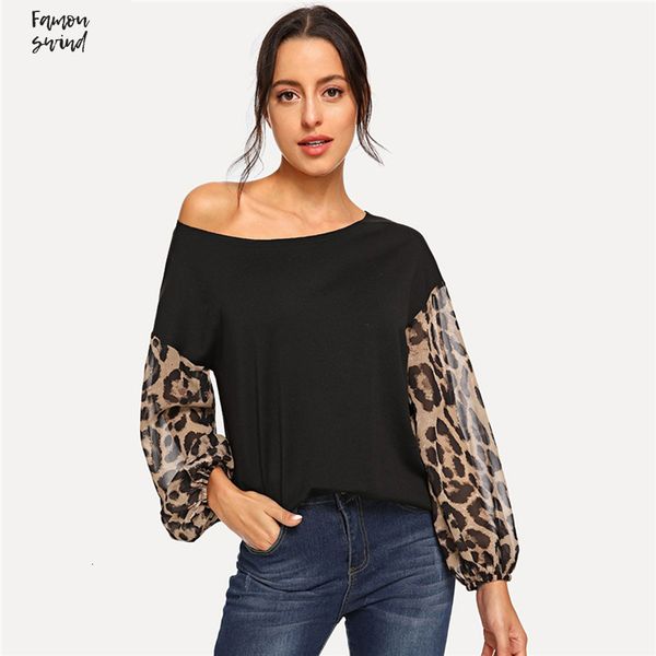 

черный леопард элегантные сетки пуловер одно плечо bishop рукав фуфайки женщин осень заплатки контрастные фуфайки груза падения, Black