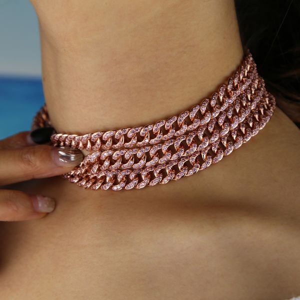 

delicate 2019 miami curb cuban chain necklace 38cm rose gold color paved mini pink cz bling rapper necklaces women fine jewelry, Silver