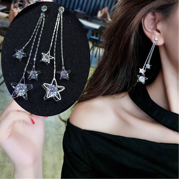 

2019 new fashion exaggerated hollow five-pointed star brincos long statement tassel zircon drop earrings for women jewelry, Silver