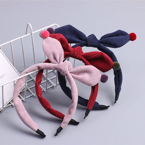 

boutique 10pcs fashion cute corduroy hair bow hairbands solid pom pom bowknot hard headbands princess hair accessories, Slivery;white