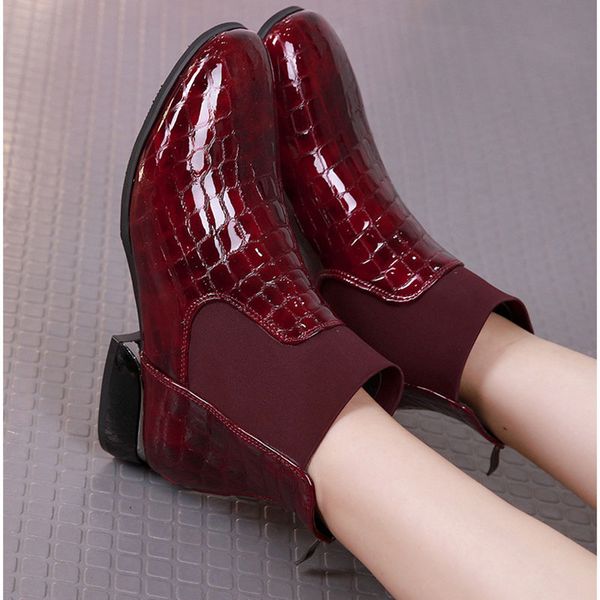

women's shoes spring and autumn new pointed thick-soled high-heeled short boots thick heel red leather harajuku boots, Black