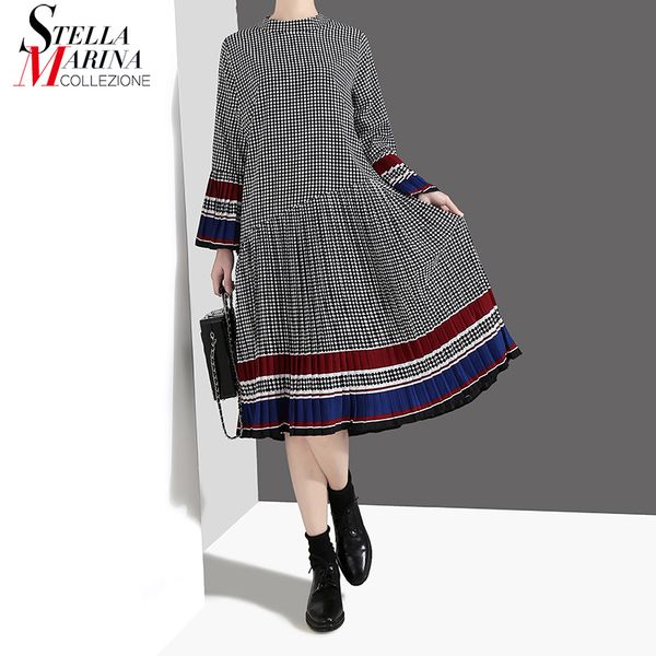 

new 2019 women fashion autumn stylish elegant black plaid dress long flare sleeve ladies casual cute midi dress robe style 4629, Black;pink