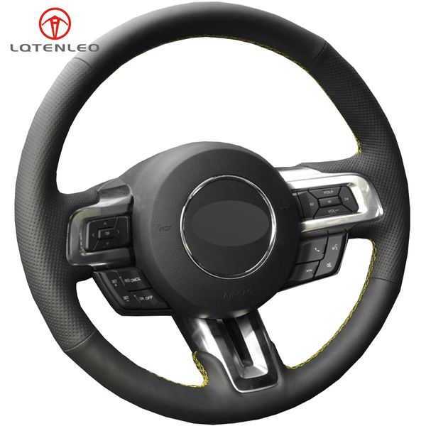 

lqtenleo black genuine leather diy hand-stitched car steering wheel cover for mustang 2015-2020 mustang gt gt350r 2015-2020