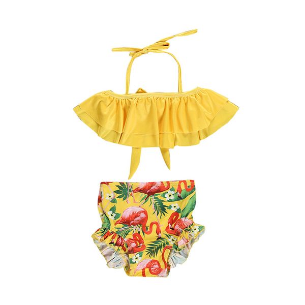 

2019 pretty 2pcs summer kids baby girl flamingo bathing suit bow ruffle bottom bikini set lovely swimsuit 1 to 6y