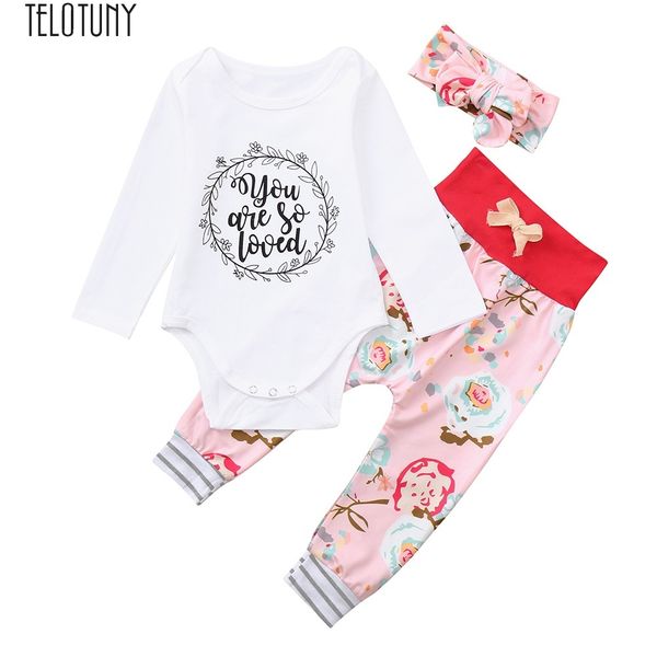

telotuny outfit newborn baby girls letter floral print romper +pants+headband set outfits clothes baby set cute new nov20, White