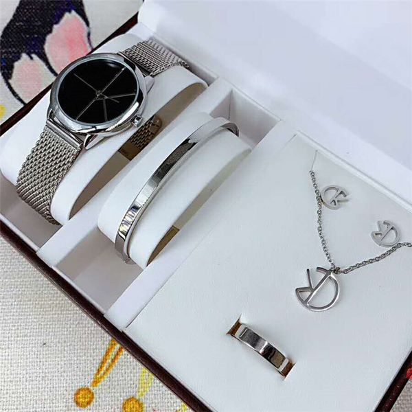 

2019 luxury watch titanium teel bracelet earring necklace ring et 5 in 1 with box for women quartz gift de igner jewelry, Slivery;brown