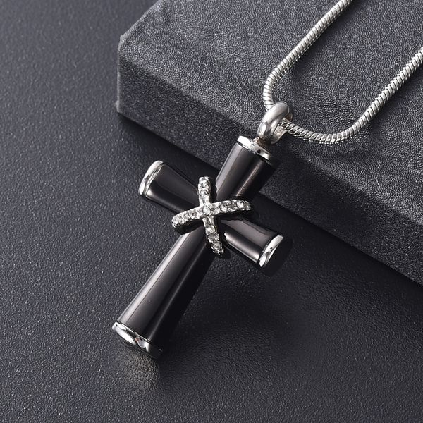 

ijd12235 new design crystals inlay black cross cremation pendant stainless steel jewelry for ashes holder keepsake, Silver