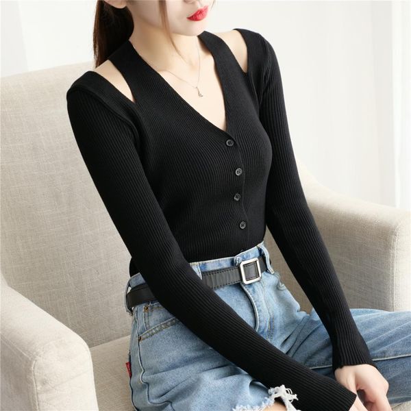 

2019 new winter clothes women off shoulder sweater solid color v-neck sweater plus size women pullovers black, White;black