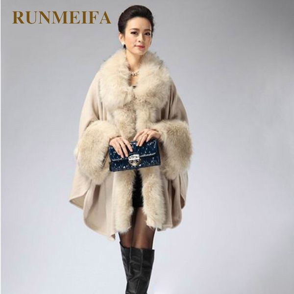 

runmeifa autumn winter new women's long knitted cardigan sweater fashion fake fur cashmere shawl cape coat poncho women