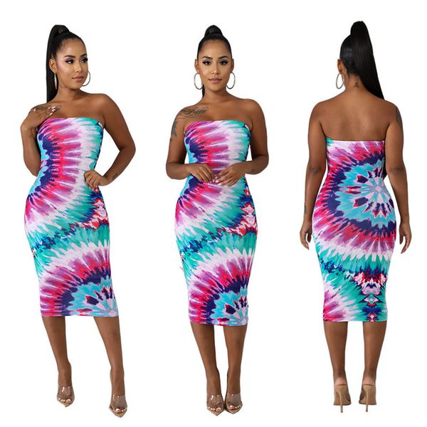 

rainbow tie dye sexy bodycon сарафан 2019 женщины без плеч спинки бальные платья лето без бретелек платье без рукавов середины икры n19.6-20, White;black