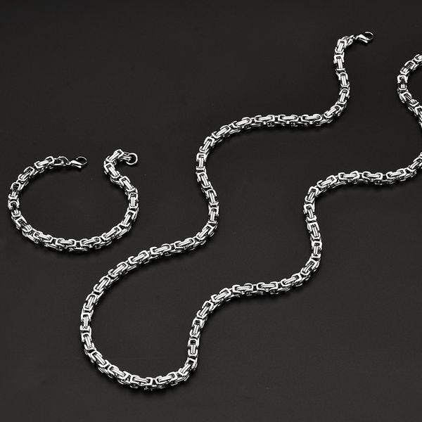

fashion men's jewelry set 5mm 316l titanium steel stainless steel imperial chain necklace bracelet brother gift drop shipping, Silver