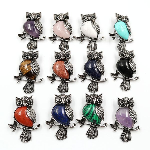 

wholesale 10 pcs antique silver plated wisdom owl shape malachite stone pendant opalite opal animal jewelry