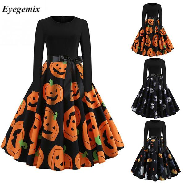 

halloween pumpkin vintage dress women skull print patchwork midi princess swing dresses ladies costume for festival party dress, Black;gray