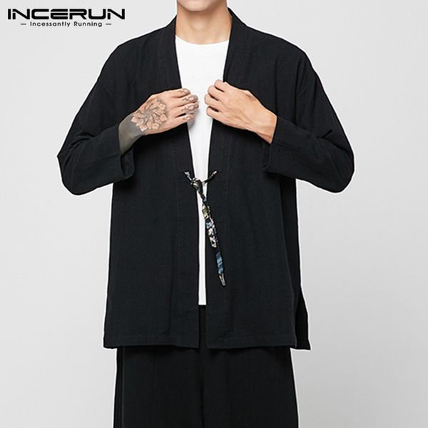 

men retro outerwear cotton casual long sleeve kimono solid color cardigan casual jackets chinese style men coat streetwear 2019, Black;brown