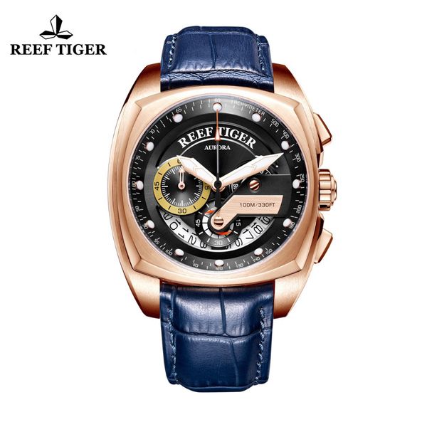 

reef tiger/rt mens sport watches genuine leather strap quartz watches luxury rose gold waterproof military watches rga3363 t200409, Slivery;brown