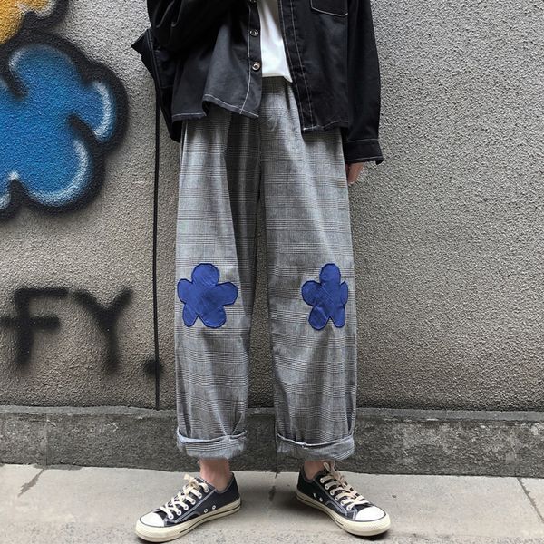 

клетчатые брюки мужская мода ретро цветок вышивка повседневные брюки мужчины уличная дикая свободная хип-хоп прямые брюки мужские, Black