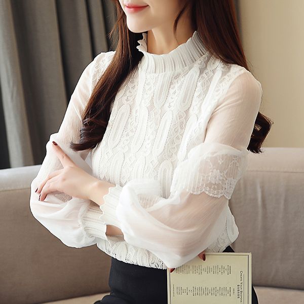 

2019 new spring fashion women's clothing lace chiffon patchwork lantern long sleeves shirts stand collar blouse female, White