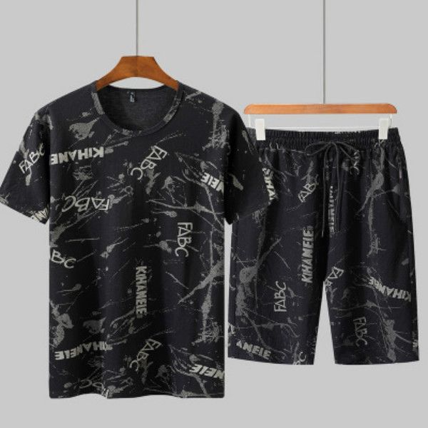 

man's summer tracksuit plus size shorts male tide short-sleeved t-shirt two pieces increase summer sportswear loose short-sleeved suit, Gray