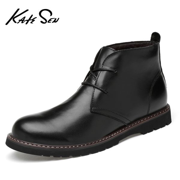 

katesen autumn winter plush warm genuine leather men boots all season work shoes man ankle boot with fur black plus size 36-48