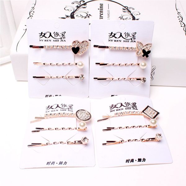 

3pcs/set fashion women elegant love butterfly square round crystal pearl barrettes girls hair clips hairpin new hair accessories