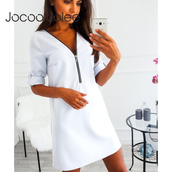 

jocoo jolee 2020 fashion shirt dress women summer half sleeve zipper v neck loose dresses female solid casual mini dress vestido, White;black