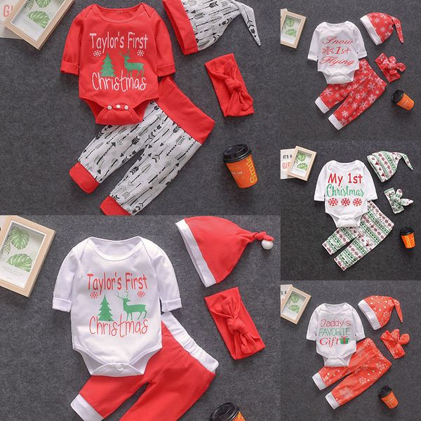 

kids clothes girls boys outfits children christmas deer letter print romper+pants+hat+headband 4pcs/set spring autum clothing sets, White