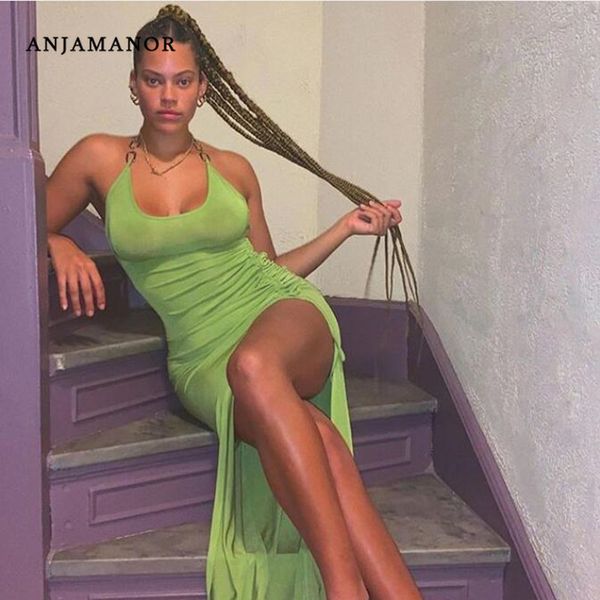 

anjamanor neon green summer club bodycon dress women fashion 2020 metal chain halter backless high split long dress d5405, Black;gray