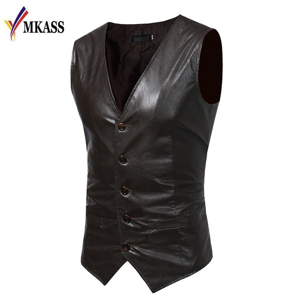 

2019 new autumn winter design men blazer vest slim fit suits simple slim washed pu leather waistcoat vests fashion solid color, Black;white