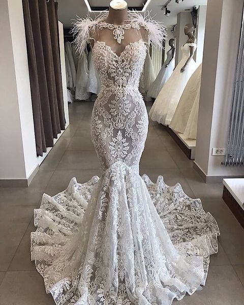 

2019 feather mermaid wedding dresses lace appliqued pearls sweep train country wedding dress illusion plus size beach bridal gowns custom, White