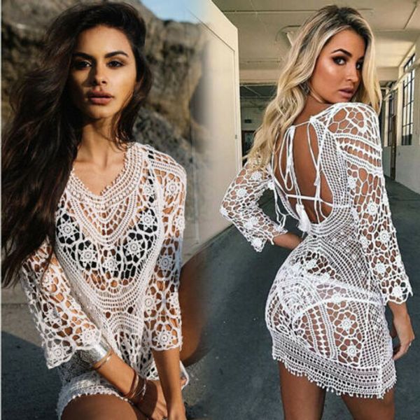 

swimwear cover up women white lace tunic beach dress clothing backless bathing suit crochet bikini swimming beach wear, Blue;gray