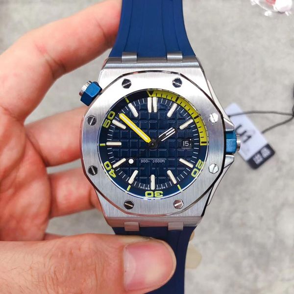 

royal oak high wristwatch blue face dial rubber starp stainless steel 300m/10000ft automatic mechanical men's watch watches, Slivery;brown