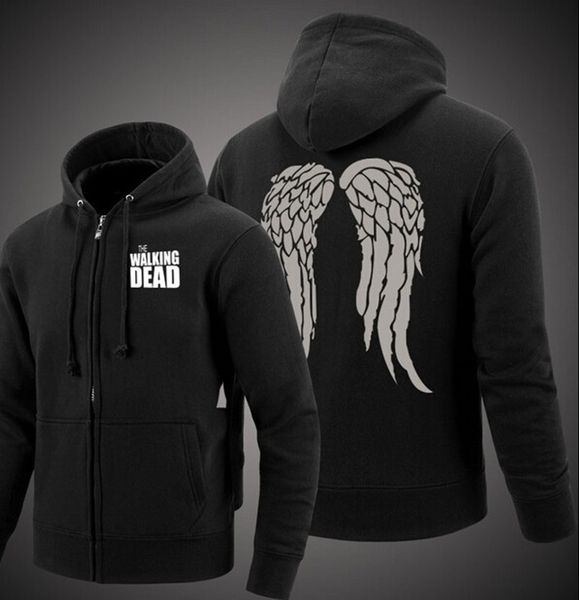 

man bodybuilding zombie daryl dixon wings hooded 2019 winter men zipper fleece thicken jacket coat mma tracksuit sweatshirt down, Black