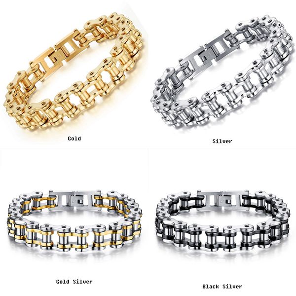 

jg1 titanium steel men punk bangle biker bicycle chain cuff bracelet bangles trendy jewelry brace lace 21.5cm*1.2cm kka3980, Golden;silver