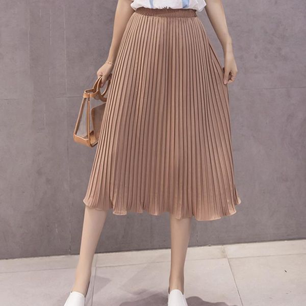 

fashion elegant pleated mid skirts women new high waist solid color skirts ruffles autumn winter a-line mid casual, Black
